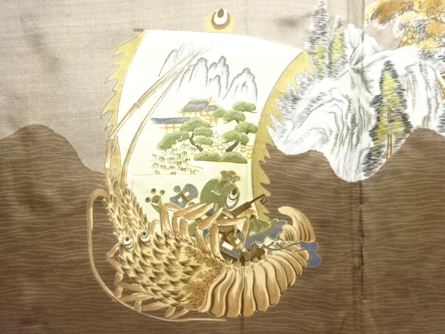 アンティーク　伊勢海老に宝船模様肩裏本場村山泥大島紬男物羽織